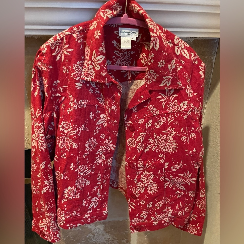 NWOT Coldwater Creek Linen Red White floral Jacket Pockets business Casual XL - Picture 2 of 10